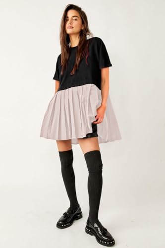 Image of SAUKOLE Womens Summer Crew Neck Short Sleeve Dress Patchwork Pleated A Line Beach Mini Dress