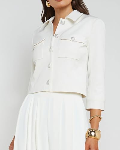 Cropped Fall Jacket for Women 3/4 Sleeve Open Front Casual Jacket Lightweight Button Down Outerwear with Pockets3