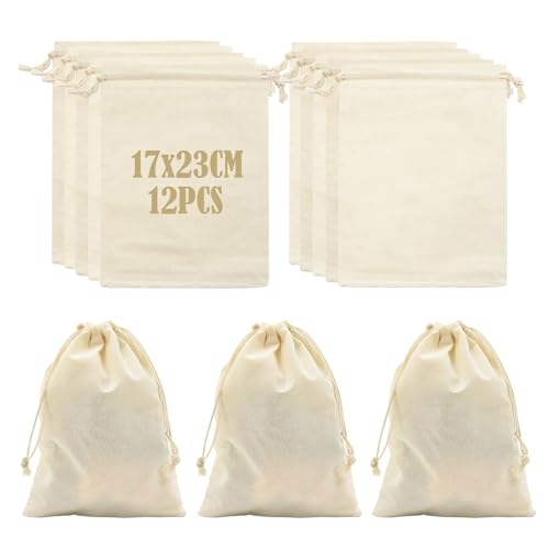 Coriver Baumwollbeutel-12 Stück 23x17cm Stoffbeutel mit Kordelzug, Wiederverwendbare Kleine Stoffsäckchen, Adventskalendersäckchen, DIY Beutel Zum Bemalen für Ostergeschenke Schmuck Hochzeit