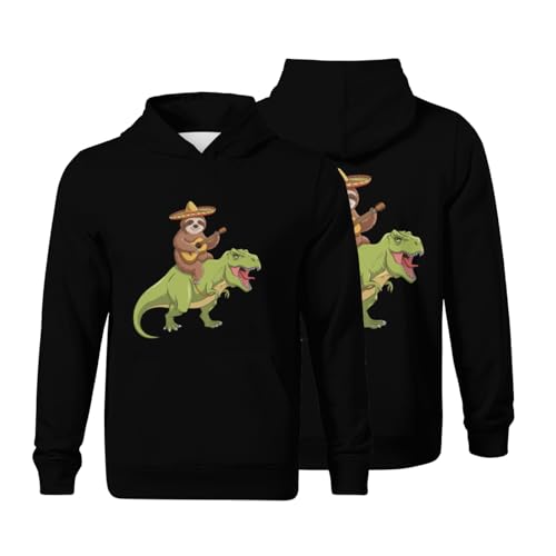 Kids Funny Mexican Sloth Riding T-Rex Dinosaur Boys Girls Lightweight Kangaroo Pocket Fleece Hoodies