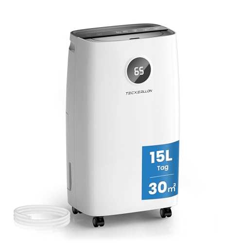 31+TKnGaInL TECXERLLON Luftentfeuchter Elektrisch 15L, 30㎡(110m³), Entfeuchter Elektrisch für Keller Raumentfeuchter Elektrisch mit Touchpanel, 2,5L Wassertank, Schlauchentwässerung, 46dB, 24H Timer, 3 J. Gar