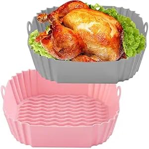 2 Pack Air Fryer Liners I Square Silicone Basket Baking Tray I Pot with Ear Handles I Reusable Nonstick Heat Resistant I Cooking Oven Insert Accessories | Grey, Pink Colour-image-9