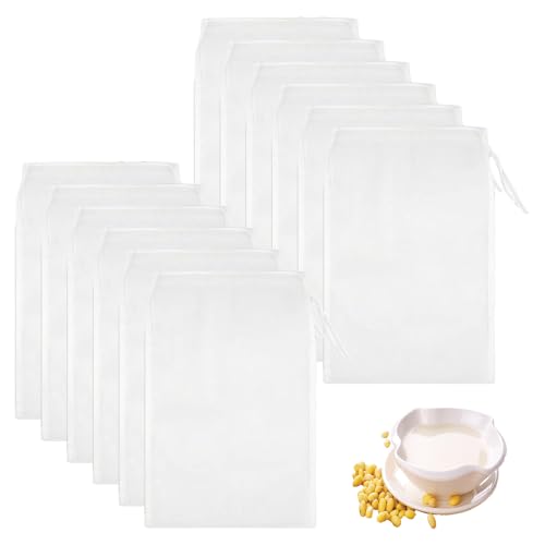 12 bolsas de leche de nueces, 20 x 30 cm, reutilizables, de nailon de malla fina, con cordón, para alimentos, leche de nueces, queso, zumo, café, yogur