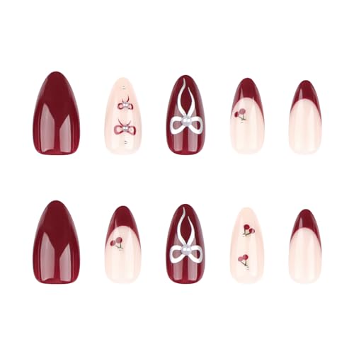 Image of Red French Tip Press on Nails Cherry Fake Nails Short Almond False Nails with Pearl Design Bow Glue on Nail Glossy Artificial Acrylic Full Cover Nude Stick on Nail for Women Manicure 24Pcs