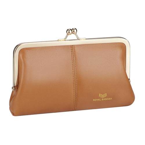 Image of Royal Bagger RFID Kiss Lock Wallet, Solid Color Multi-card Slots Card Holder, Genuine Cow Leather Clutch Purses for Women 1468 (Brown (2468))