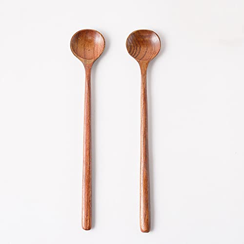 Image of Wooden Soup Spoon, 2PCS Wooden Long Spoons Korean Style Natural Wood Long Handle Round Spoons Long Soup Spoons for Soup Cooking Mixing Stirrer Kitchen Tools