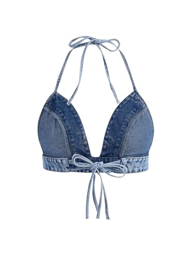 SHENHE Women's Denim Halter Top Tie Backless Triangle V Neck Sexy Jean Crop Top Country Western Bustier2