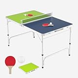 FANTASK Tischtennisplatte Mini, Klapptisch dreifach höhenverstellbar mit Netz, Schlägern, Bällen, 120 x 76 cm wetterfest, Ping Pong Tisch für Indoor, Outdoor