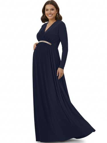 Image of KOH KOH Womens Maternity Long Sleeve V-Neck Flowy Winter Maxi Dress Gown