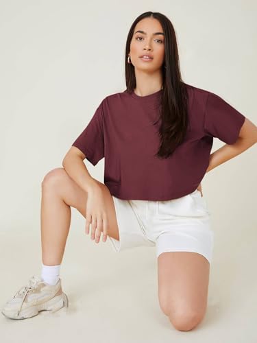 Image of KOTTY Women's Solid Cotton Blend Oversized Crop T-Shirt | Casual Summer Tee