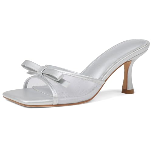 Image of Womens Heeled Sandals Open Square Toe Kitten Heels Sandals Slip On Bow Mesh Mules Heels Comfortable Dress Shoes for Party Wedding