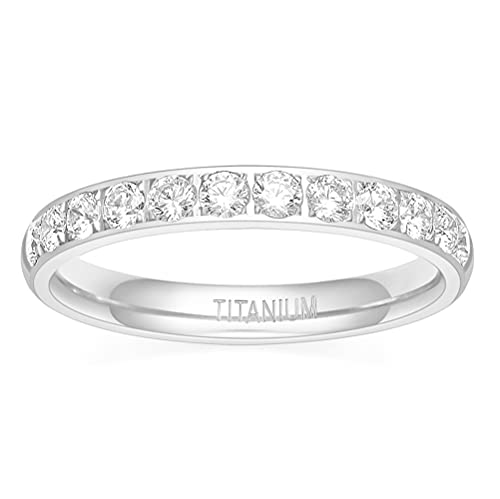 TIGRADE 3mm Women Titanium Engagement Ring Half Cubic Zirconia Eternity Wedding Band Size 3-132