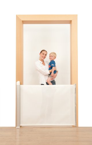 Lascal KiddyGuard Avant, stilvolles Treppenschutzgitter für Babys, einrollbares Türgitter mit Netz und gebürstetem Aluminiumgehäuse, Türschutzgitter bis 120cm Breite, weiß