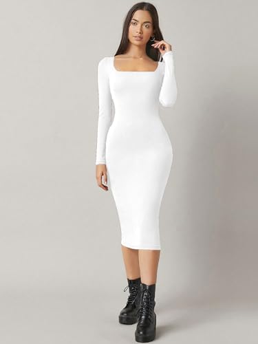 Image of Aahwan White Solid Square Neck Solid Midi Bodycon Dress for Women's & Girl's