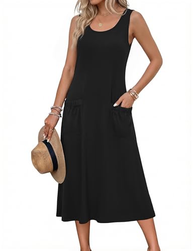 Image of Zeagoo Womens Summer Midi Dresses 2026 Casual Sleeveless Tank Sundresses A Line Crewneck Beach Vacation Dress with Pockets