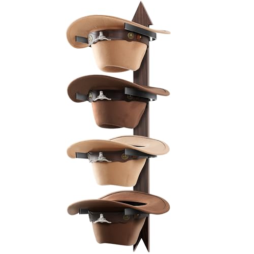 Cinati Cowboy Hat Rack Wall Mount - Wooden Western Rustic Metal Hanger With Arrow Sign Board - Holds up to 4 Hats, Fedora, Sun Hats (1 Pack)