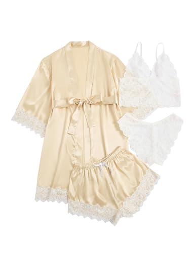Image of SOLY HUX Women's Satin Pajama Set with Lace Trim - 4-Piece Sleepwear & Robe