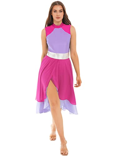Janjean Lyrical Dance Dress For Women Color Block Chiffon Patchwork Performance Costume Praise Dress Tunic Hot Pink X-Large #TOP3