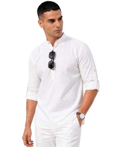 Image of Majestic Man Men's Pure Cotton Solid Mandarin Collar Slim Fit Roll-Up Sleeves Short Kurta Lightweight Summer Kurta for Daily & Occasion Use
