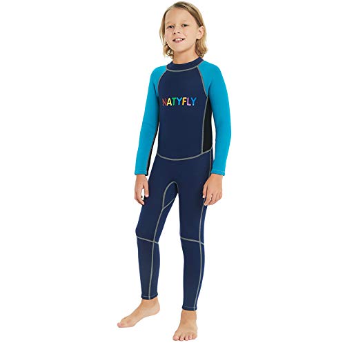 NATYFLY Neoprene Wetsuits for Kids Boys Girls Back Zipper One Piece Swimsuit UV Protection-Brand (Blue-2MM-Long Sleeve, L-for Height 47"-52") - Thumbnail 6