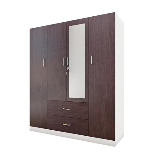 Image of VIKI Wardrobe | Wooden Almirah for Clothes,Door for Bedroom, 4 Door Wardrobe with Drawer, Mirror & Hanging Space (White & Wenge - 40D x 160W x 180H) | 1 Year Warranty | Free Assembly