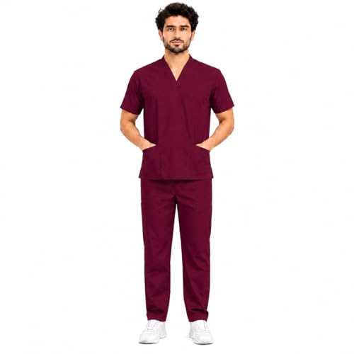 Image of Unisex Medical Scrub Suit Set, V-Neck Top with Pants, Short Sleeve, Polyester Cotton Blend, 7 Pockets, Regular Fit, Hospital Doctor Nurse Uniform