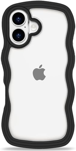 Image of GoldKart iPhone 16 Case Wavy Edge Clear Back Design, Anti-Slip Grip Cute Wave Curly Frame Shape Shockproof Soft TPU & Hard PC Bumper Protective Phone Case Cover for Women Girls - Black