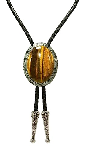 Image of Moranse Bolo Tie with Natural Tiger Eye Stone Celtic Style Genuine and Cowhide Rope