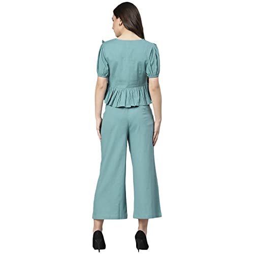 Image of DEEBACO Women's Solid Calf Length Top with Trouser|V-Neck|Short Sleeve|Cord Set for Women Cotton|Jumpsuits Western Dress for Women Stylish|Two Piece Co ord Set|Party Casual Wear(Aqua Blue)