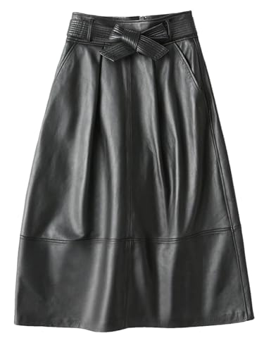 Women Pu Zipper Skirt with Sashes High Waist A Line Midi Skirt with Pocket Casual Skirts