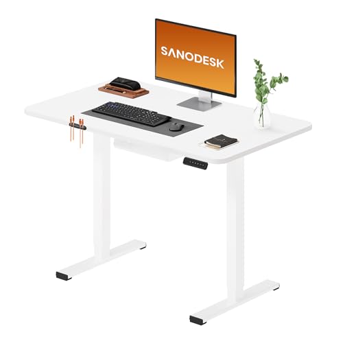 SANODESK Escritorio Elevable Eléctrico con Tablero Entero de Una Pieza 100x60 cm, Regulable en Altura con Memoria, Estable, Silencioso y Anticolisión, Ideal Teletrabajo y Oficina en Casa (Blanco)
