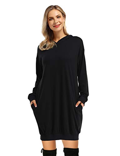 GloryStar Women's Hoodie Dress Pullover Hoody Dress Long Sleeve Hooded Pockets Tunic Sweatshirt Black