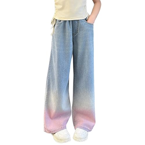 Cute Clothes for Girls Gradient Color Wide Leg Denim Pants Kids High Waisted Stretch Jeans with Pockets 5-14 Years