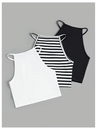 Girl's 3 Packs Striped Crop Camisole Tops Sleeveless Slim Fit Summer Basic Halter Top2