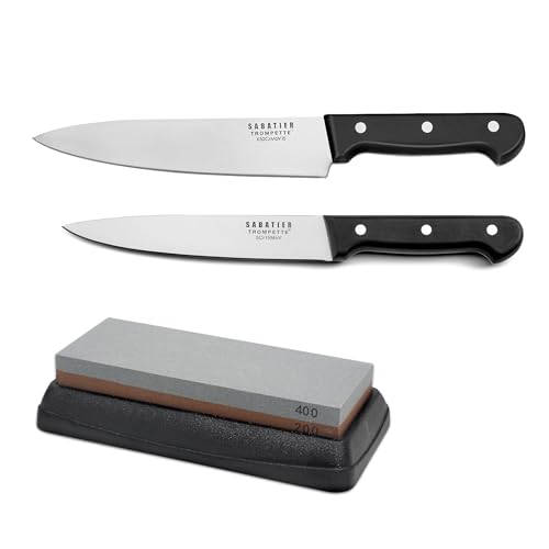 SABATIER TROMPETTE - Ensemble 2 couteaux de cuisine et 1 pierre à aiguiser - Universal - Acier 5Cr15MoV - Finition Satinée - Noir