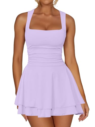 Kaximil Women's Square Neck Ruffle Hem Mini Dress Ruched Waist Short Party Dresses, Large, Purple