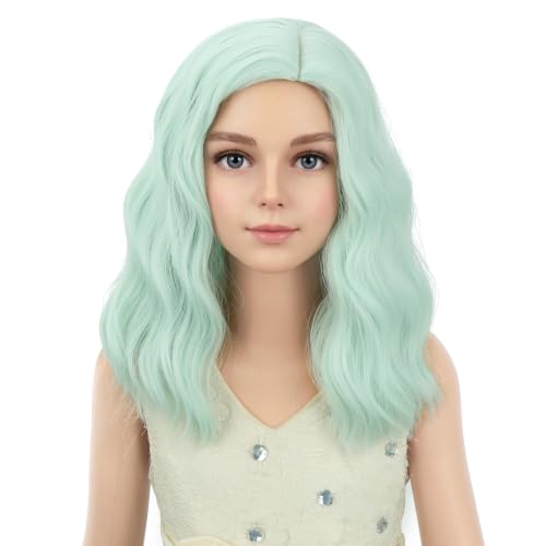 PATTNIUM Mint Green Short Side Part Curly Wavy Wig for Girls Kids
