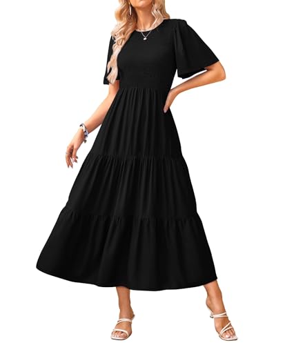 KIRUNDO Womens Fashion 2025 Spring Summer Casual Flutter Short Sleeve Midi Dress Smocked Tiered Aline Going Out Dresses