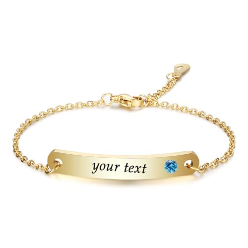 MRENITE Personalized Name Bar Bracelet with Simulated Birthstone Soild 10k/14k/18k Gold Inspirational Gift Handmade Customized Engraved Initial ID Coordinates Charm Christmas