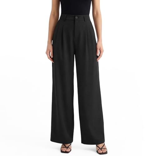 Supcomsta Womens Wide Leg Trousers High Waisted Work Pants Elastic Waist Business Casual Pants Waffle Texture Loose Fit Trousers with Pockets (UK Alpha S Regular Regular Black)
