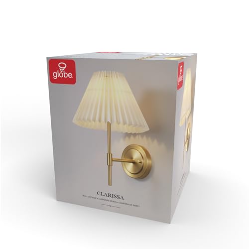 Image of GLOBE Electric 1-Light Wall Sconce, Matte Brass, White Pleated Fabric Shade, E12 Base Socket, Candelabra Bulb, Living Room Lighting, Home Essentials, Decor, Bedroom, Mounted Bedside Lamp