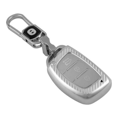 Image of keyzone Silverstar TPU Key Cover and Keychain fit for Hyundai Cars, Compatible with i20, Creta, Grand i10, Tucson, Verna, Elantra, 3-Button Smart Key (Silver)