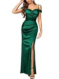Miusol Women's Sexy Off Shoulder Satin High Split Ruched Style Evening Party Maxi Dress (Medium, Dark Green)