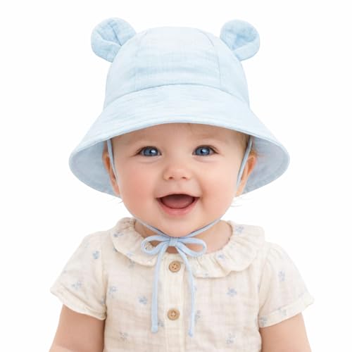 Image of SNOWIE SOFT Cap for Baby Girl 0-12 Months, Sun Hats for Baby Toddler Girls, Windproof Summer Hat with Chin Strap Bucket Hat Soft Newborn Baby Hats for Girls