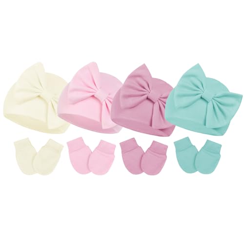 Image of Century Star Newborn Girls Hats Baby Hat and Mitten Set Big Bow Knit Infant Headbands Winter Baby Hat for Girls 04Pcs Beige& Pink& Deep Pink& Light Green 0-3 Months