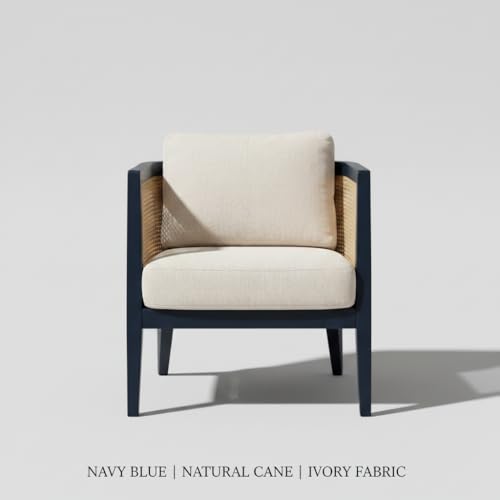 Image of APRODZ Solid Wood Accent Chair for Living Room Mid Century Modern Wooden Upholstered Armchair with Cushion Lounge Chair Cane Back Wooden Frame for Living Room Bedroom Office Seating (Navy Blue)