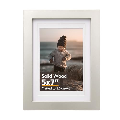 KINLINK 5x7 Picture Frame Light Grey, Solid Wood Frame 5x7 with Acrylic Plexiglass for Pictures 4x6 With Mat,Tabletop and Wall Display, 5 x 7 Picture Frame Set of 1