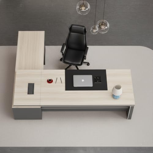 Image of Luxury Modern L-Shape Director Table with Integrated Side Storage, Light Wood Finish, Open Shelves, Soft-Edge Panels & Spacious Executive Worktop (LDL-766 MDFL L6W3)