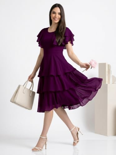 Image of Women Layered Georgette Fit & Flare Midi Dress | Round Neck Flutter Sleeve Knee Length Dress | Tiered Party Dress for Women Evening and Casual Styling