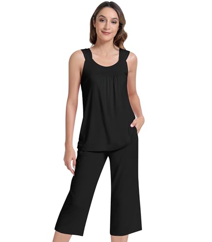 Image of NACHILA Pajamas for Women-Viscose Made from Bamboo, Sleeveless Pjs Top and Capri Pants Pajama Set Cool Pleated Sleepwear